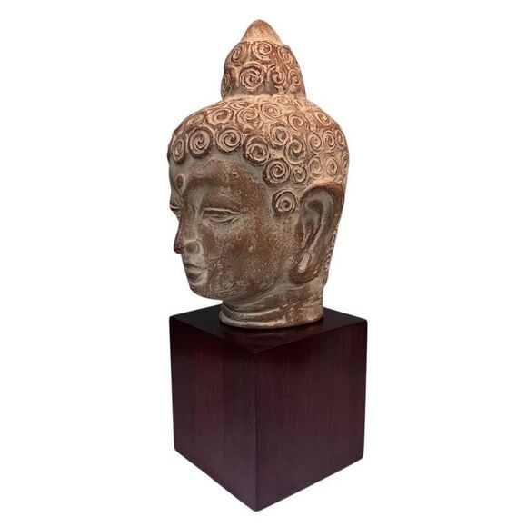 Buddha Head Ceramic Statue On A Wood Stand 12" Brown Tan Square Cube Base - Picture 11 of 14